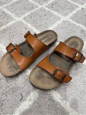 Cat & Jack Brown Double Buckle Slide Sandals Kids Size 2y Faux Leather Tan